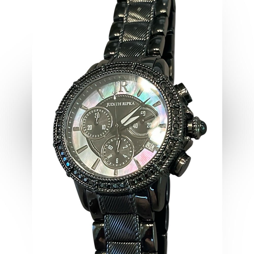 New Judith Ripka Stainless Steel Black Gray Chronograph Watch New Battery NWOT
